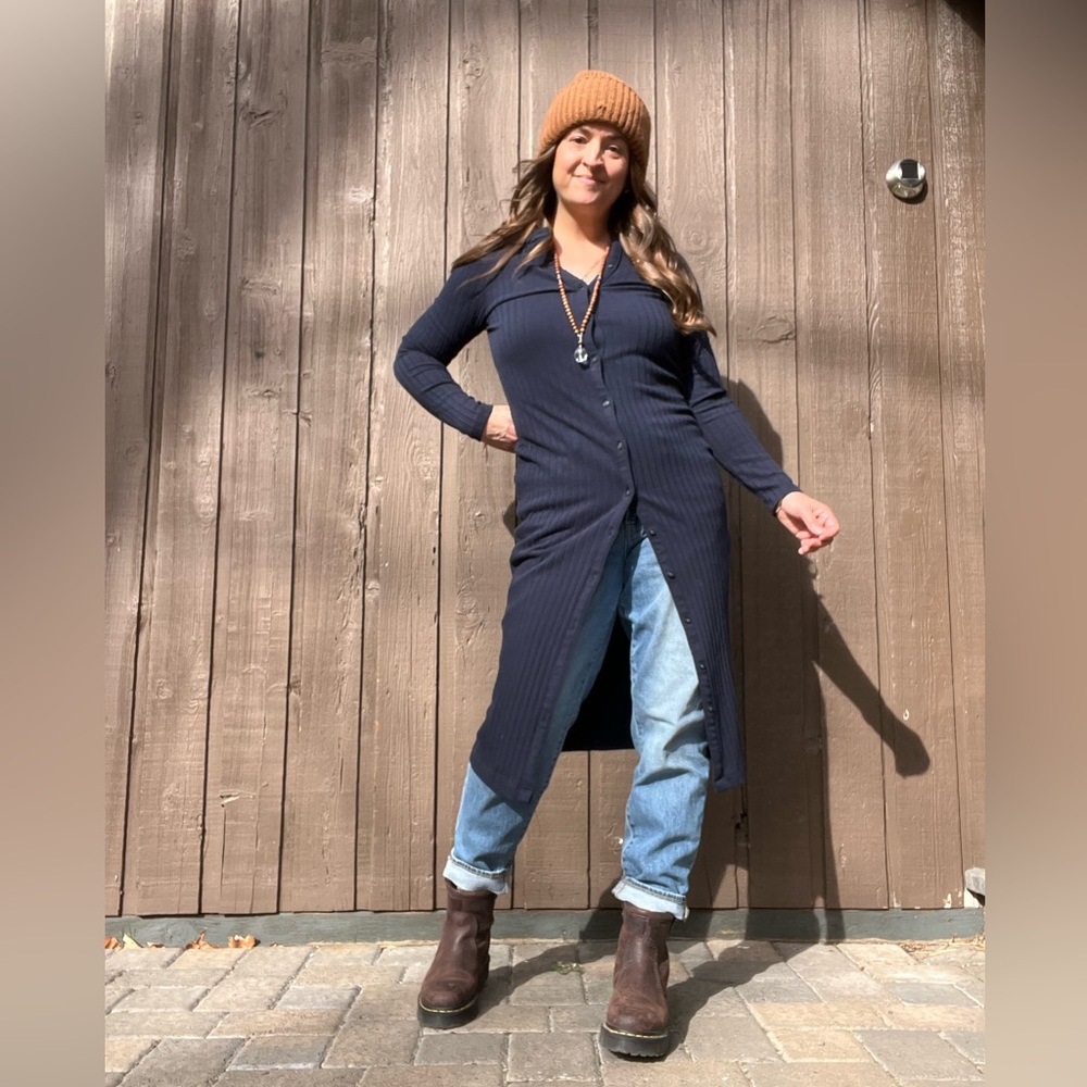 Old Navy Ribbed Button Front Midi Dress Navy Long Sleeve Duster - Medium